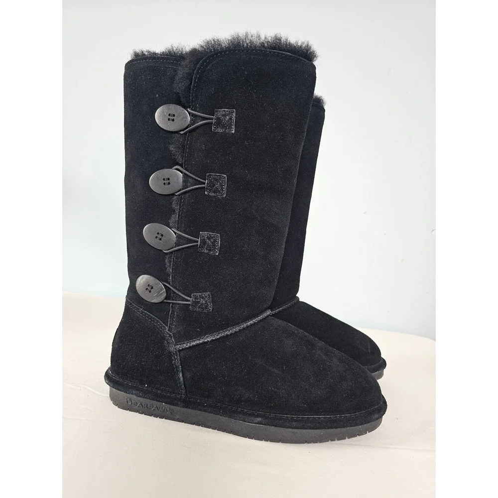 Winter Cozy Bearpaw Emma Toggle Tall Boots Women 8 Black Suede Faux Fur Lining
